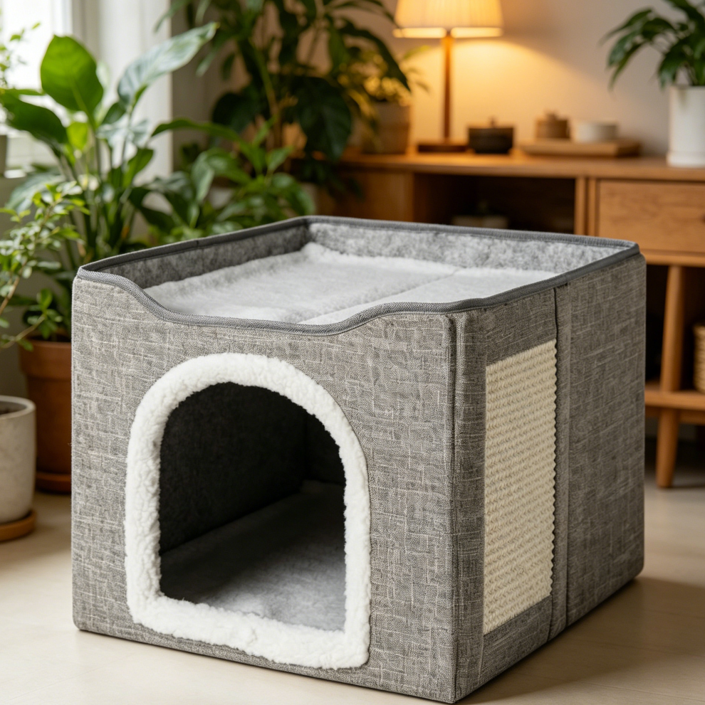 Grey Foldable 1-Story Cat House with Sisal Scratch Pad - Image 2