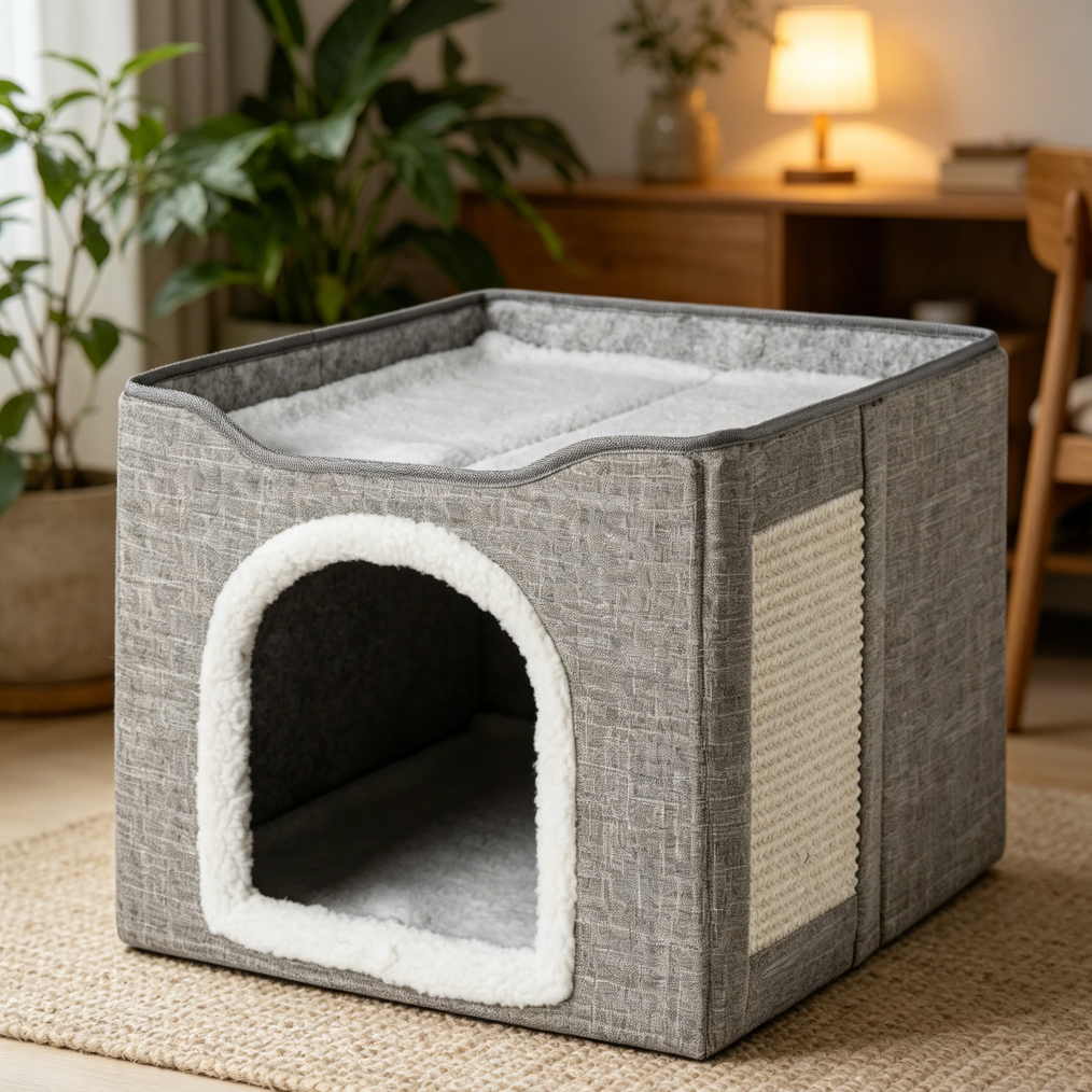 Grey Foldable 1-Story Cat House with Sisal Scratch Pad