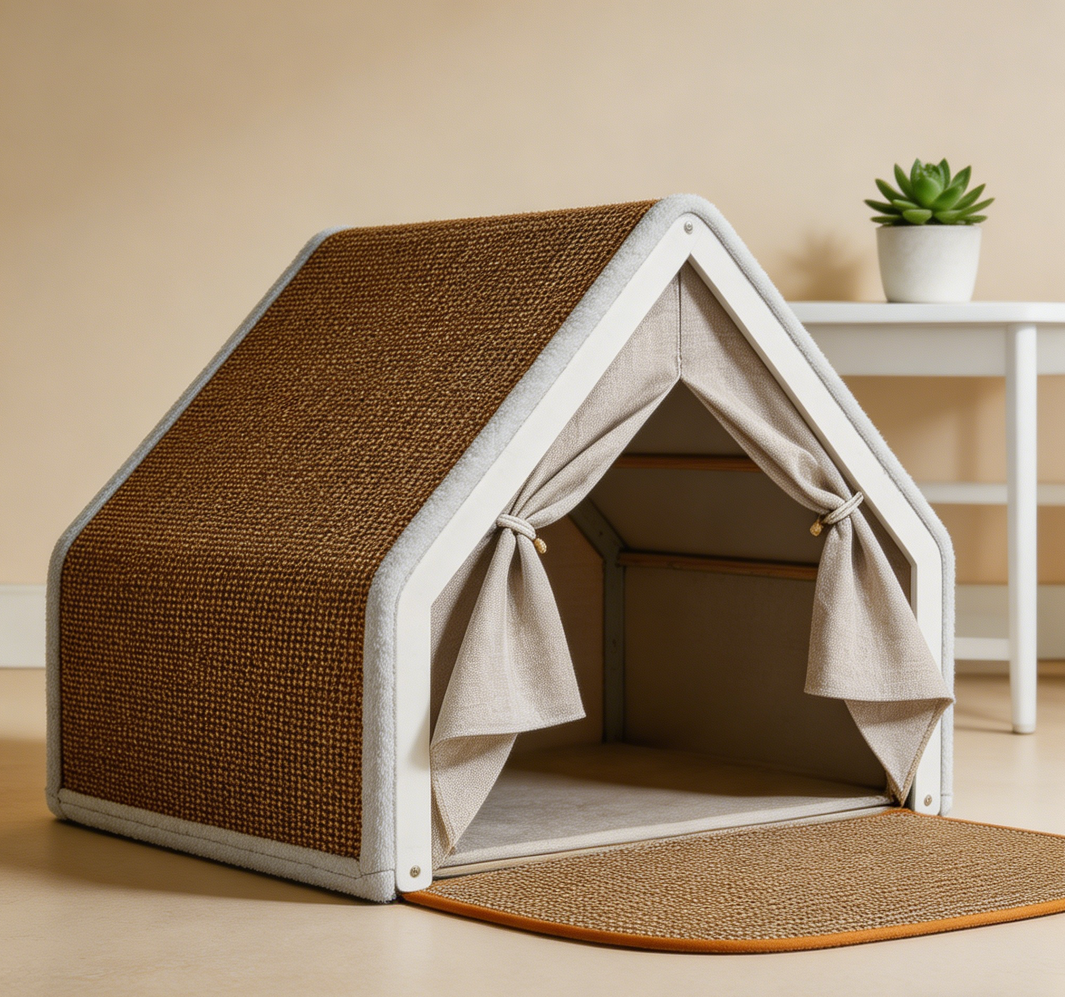 Grey Wooden Cat House with Curtains & Sisal Scratch Mat