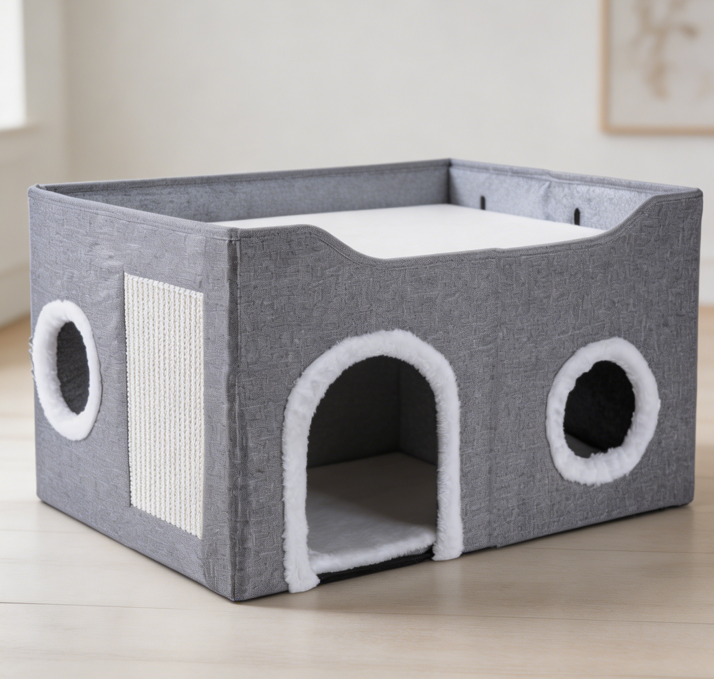 Grey Foldable Covered Cat Cave Bed - Image 2