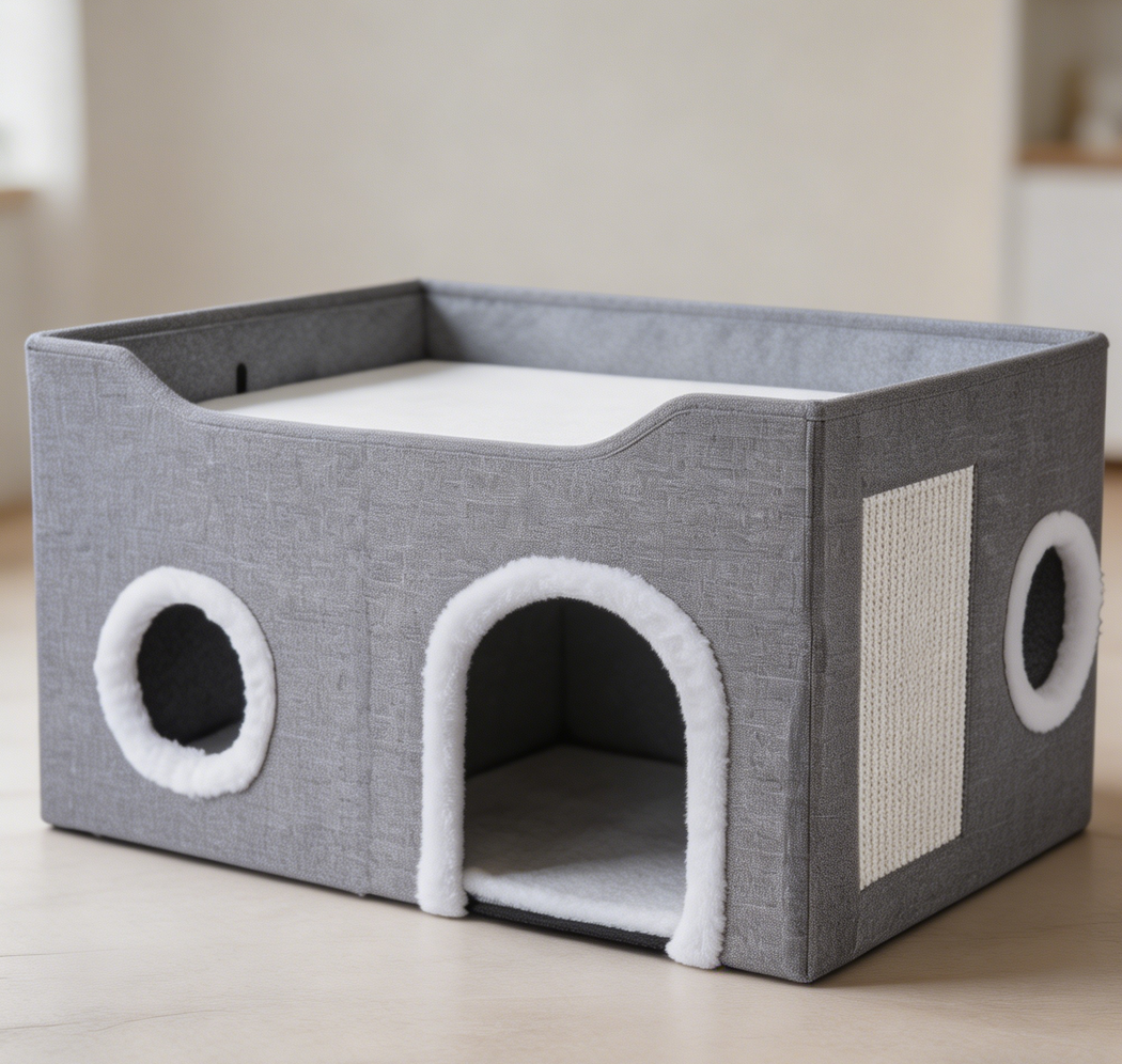 Grey Foldable Covered Cat Cave Bed