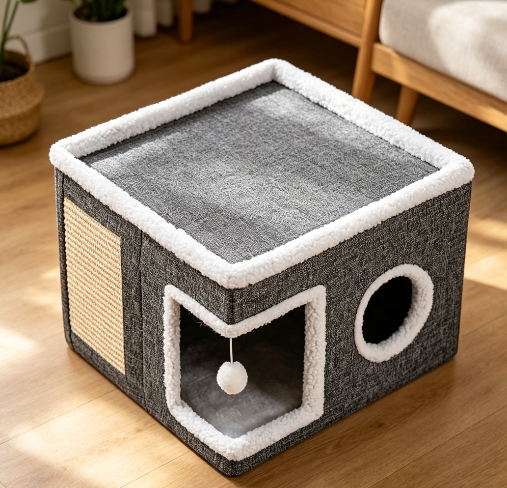 Grey Foldable Cat Cave with Toy & Scratch Pad - Image 2