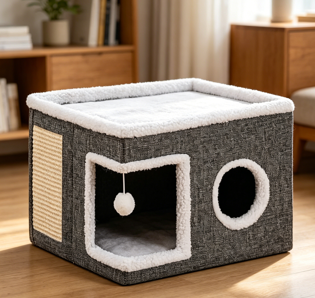 Grey Foldable Cat Cave with Toy & Scratch Pad