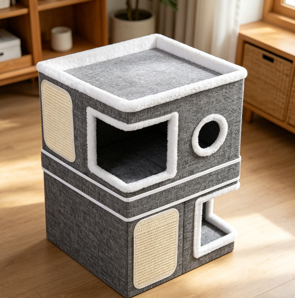 Grey 2-Storey Foldable Cat Cube House with Scratch Pads - Image 2