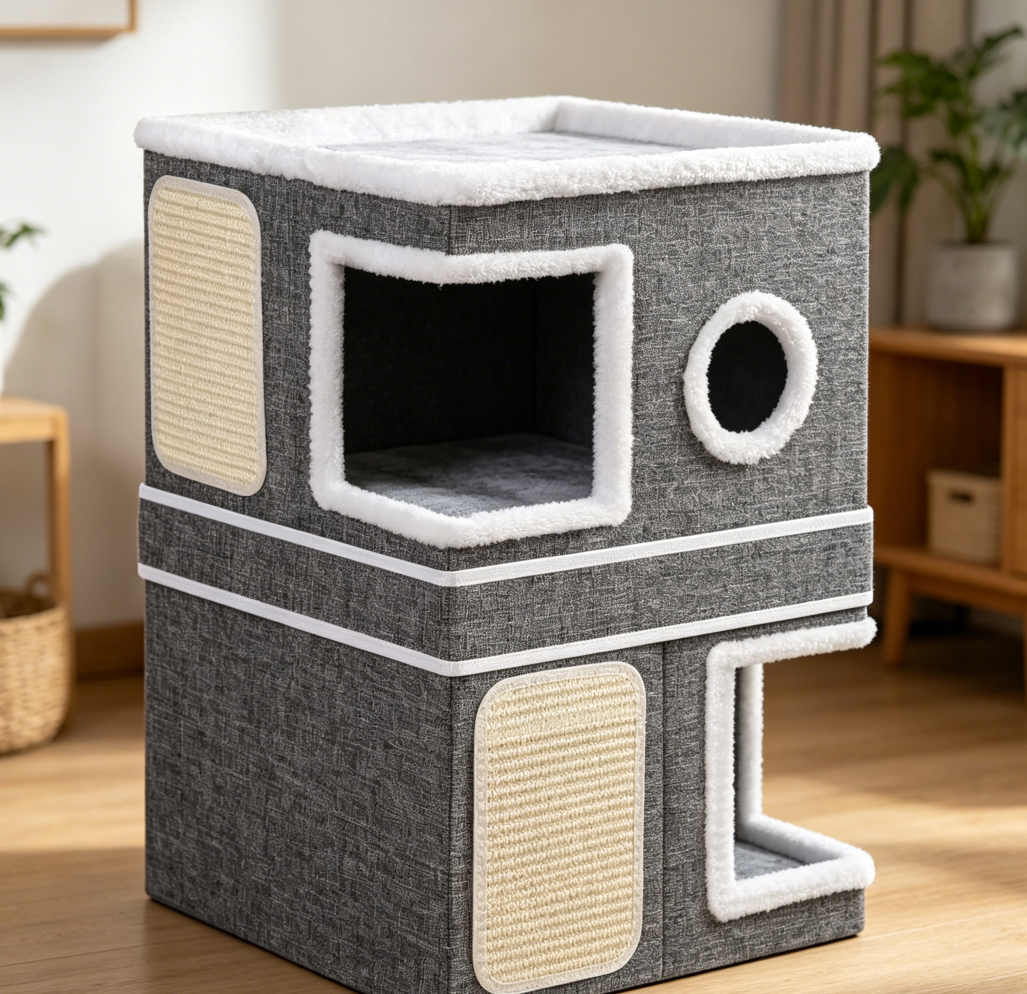 Grey 2-Storey Foldable Cat Cube House with Scratch Pads