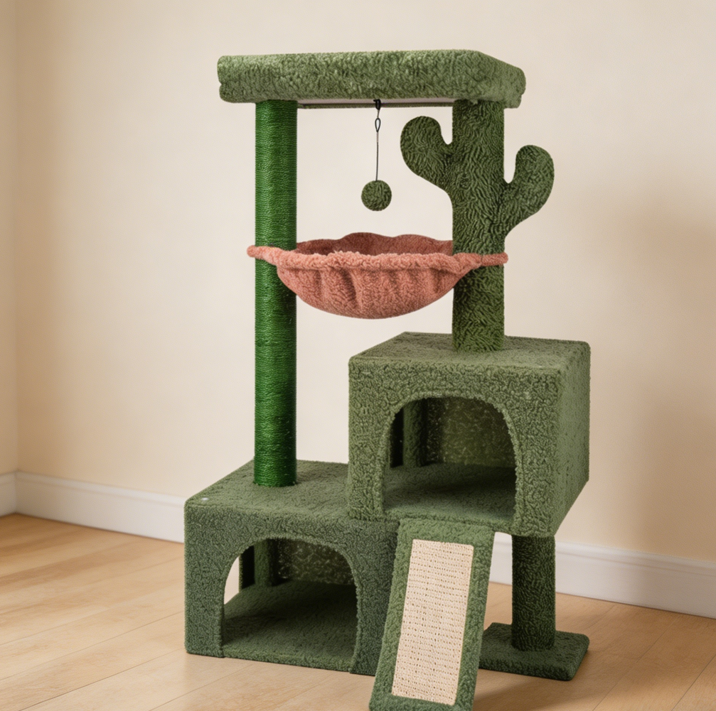 Green Cactus Cat Tree with Twin Condos & Perch